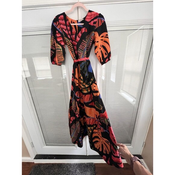 Maude Vivante Dress Size M Multi Color Leaf Pattern Maxi Half Sleeve Wrap Tie - Picture 3 of 9